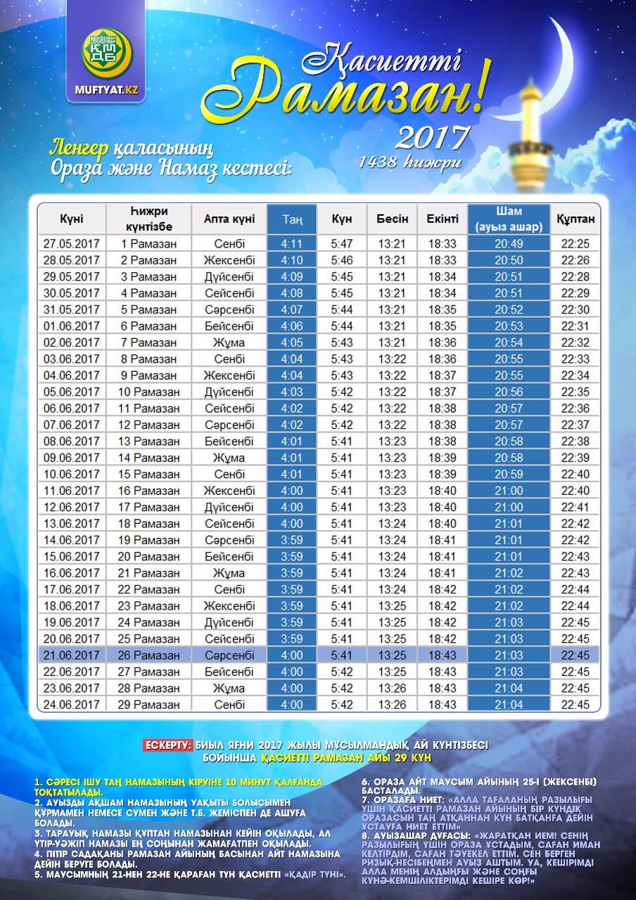 Ленгер қаласы бойынша ораза уақыты 2017 Ленгер қаласы бойынша ораза уақыты 2017