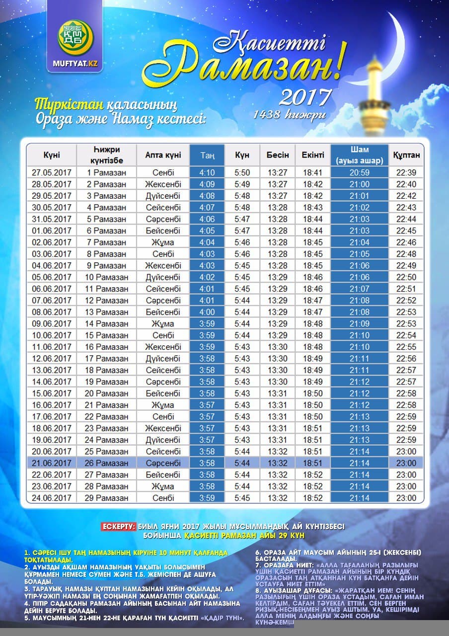 Түркістан қаласы бойынша ораза уақыты 2017 Түркістан қаласы бойынша ораза уақыты 2017