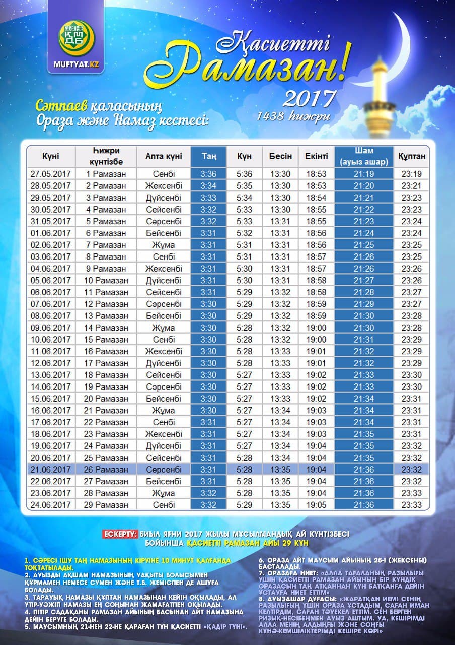 Сәтпаев қаласы бойынша ораза уақыты 2017 Сәтпаев қаласы бойынша ораза уақыты 2017